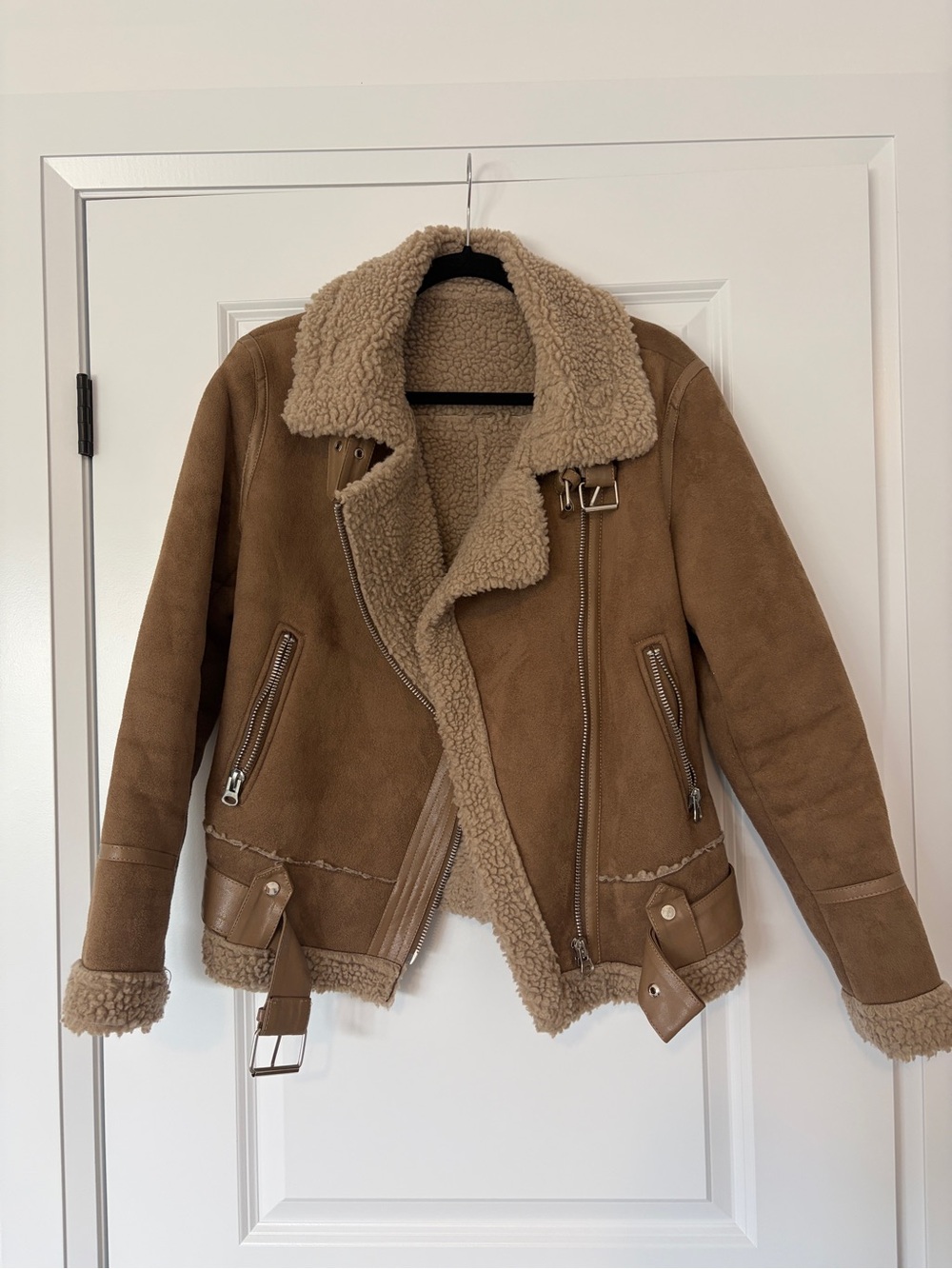 Tan Suede Shearling Aviator Biker Jacket